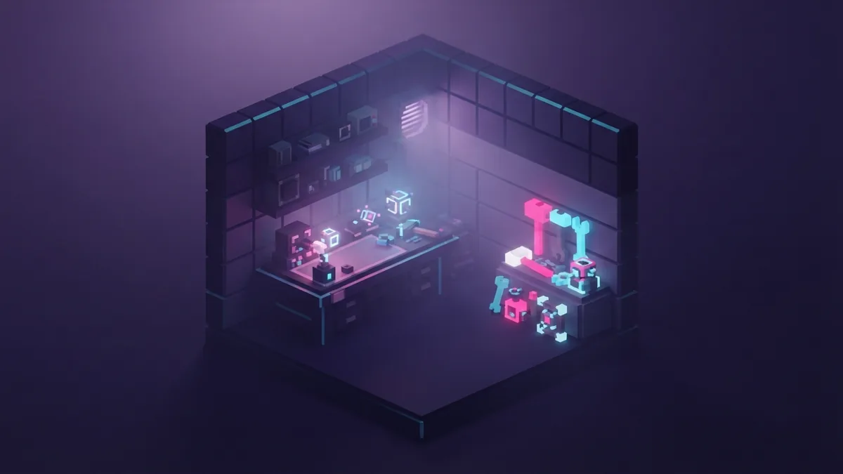 Tools kept safe in a voxel shelter Glowing geometric tools beside a voxel workbench in a quiet indigo shelter
