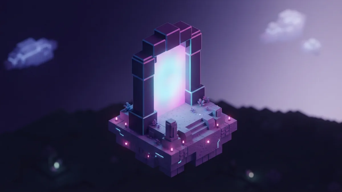 A softly lit portal on a floating platform Unmarked voxel portal arch on a floating platform with soft cyan and pink light