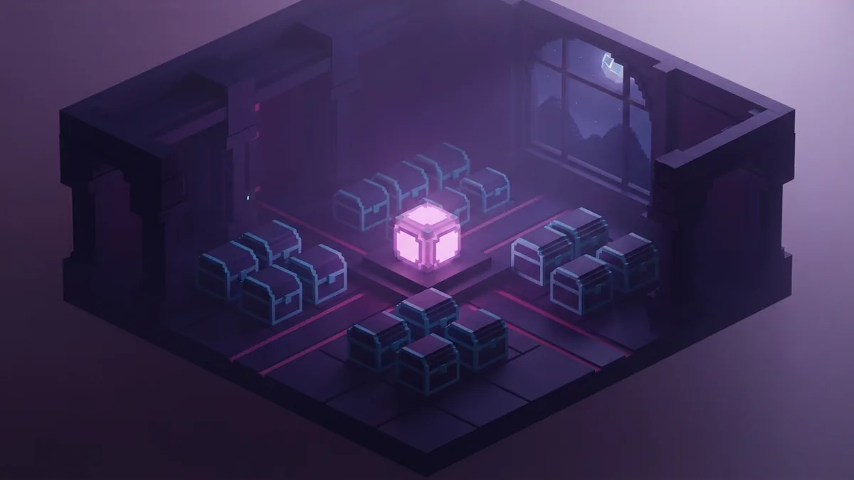 Orderly voxel storage hall with blank chests around a softly glowing central block