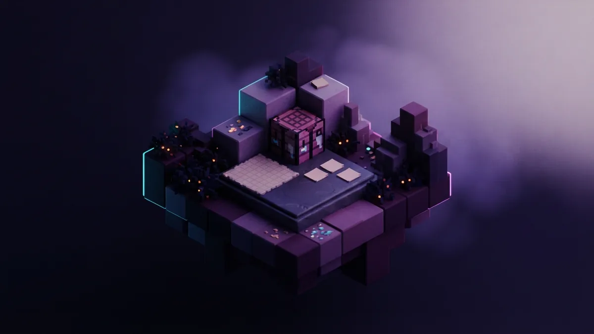 A block landscape and crafting table beside a blank map surface
