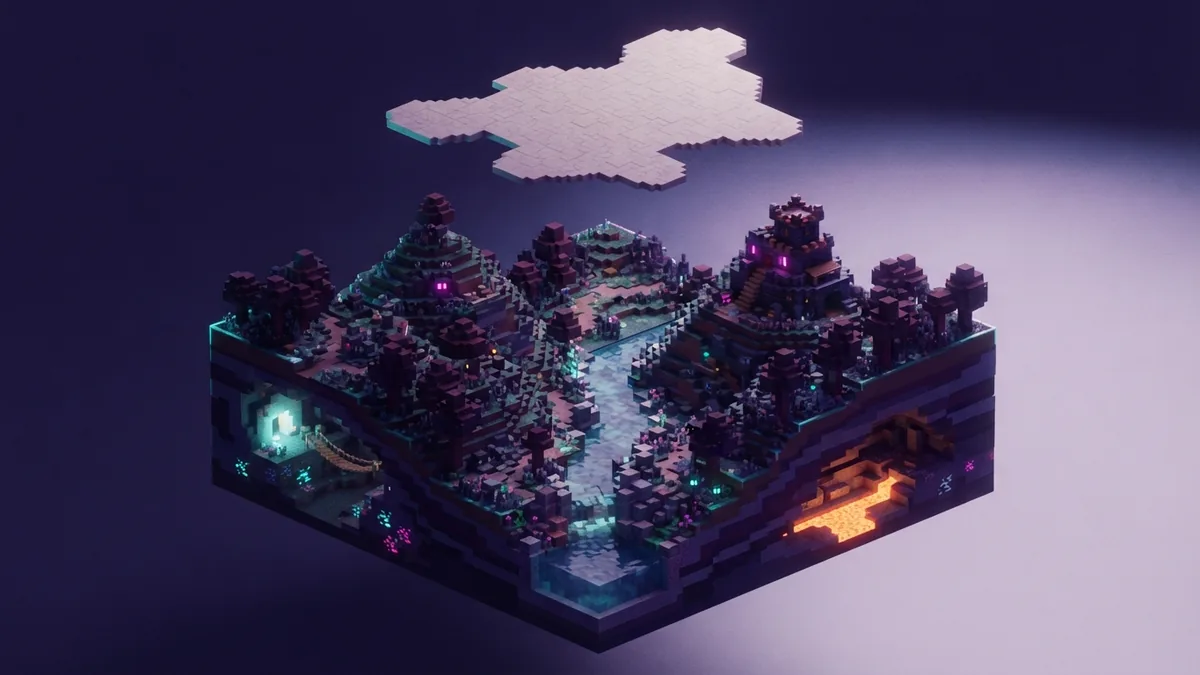 Wide terrain shown at a larger map scale A wide voxel terrain view beneath a blank map-shaped plane
