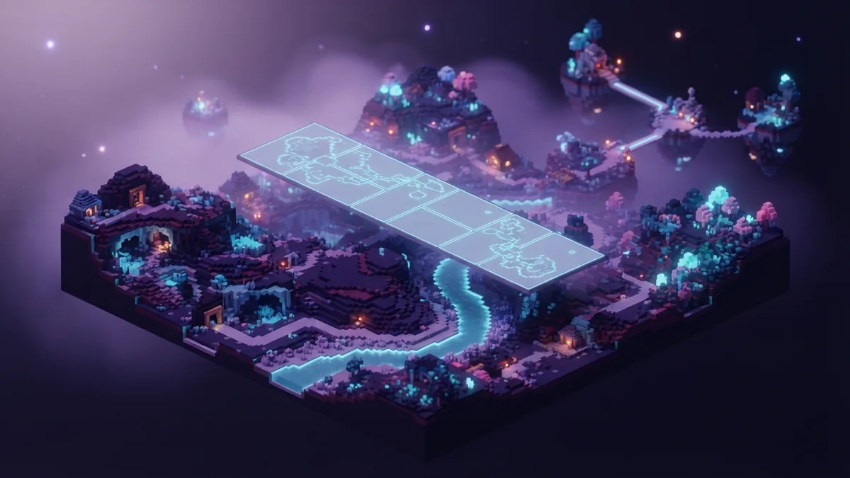 Broad voxel terrain for a Level 4 map A broad floating block landscape under a blank map plane