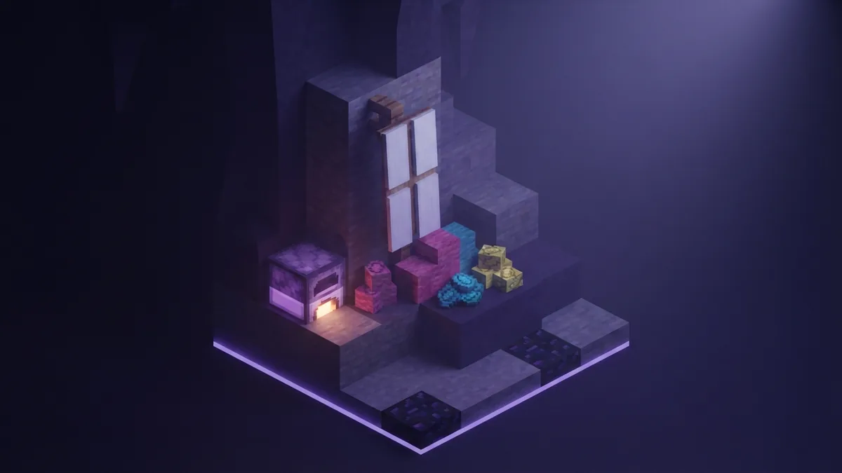 Plain block-built banner beside wool and dye cubes in a dim indigo scene