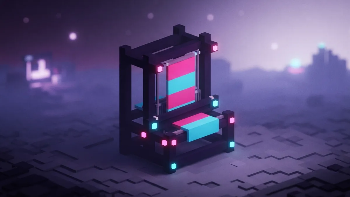 A loom for layering banner colors Voxel loom holding a layered banner in a calm, softly lit setting