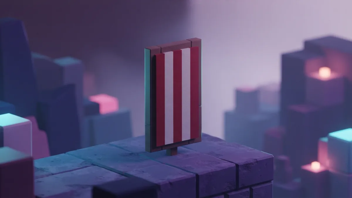 Striped block-built banner with red and white bands against a violet backdrop