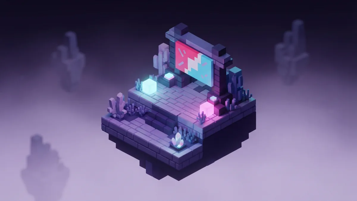 A bold red, white, and blue banner Red, white, and blue voxel banner with simple pale marks on a floating platform