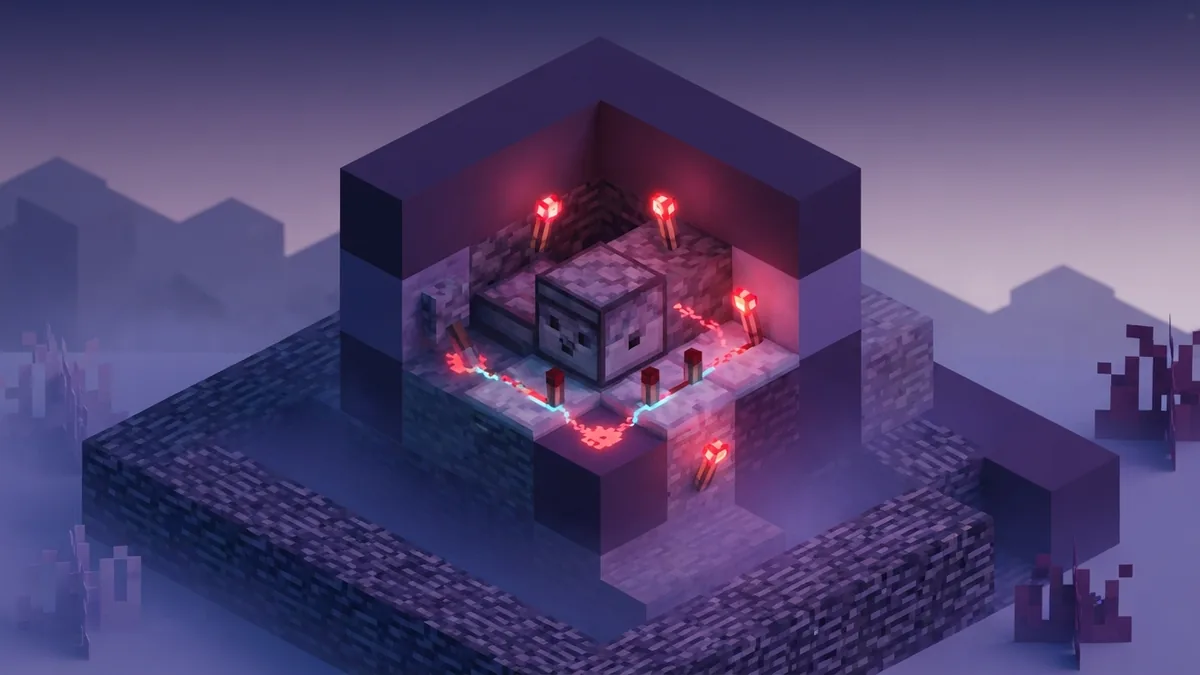 Voxel dispenser gun build showing redstone wiring, torches, blocks, and lever