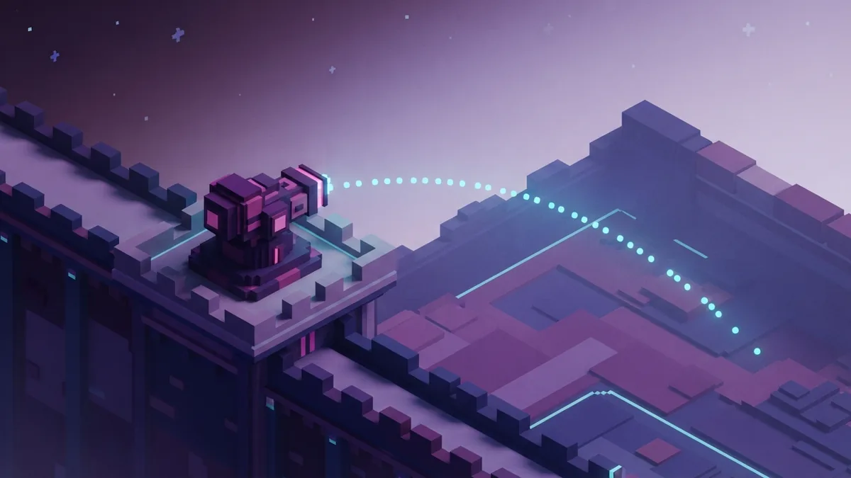 Raised voxel dispenser launcher aimed across an open Minecraft-style combat range
