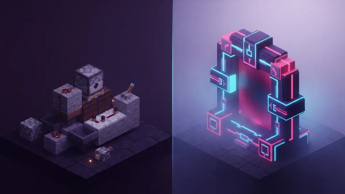 Voxel comparison of a simple redstone launcher and a futuristic portal device
