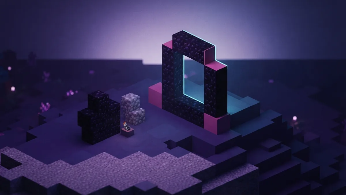 Materials for a Nether portal Obsidian blocks and portal-building tools arranged beside an unfinished voxel frame