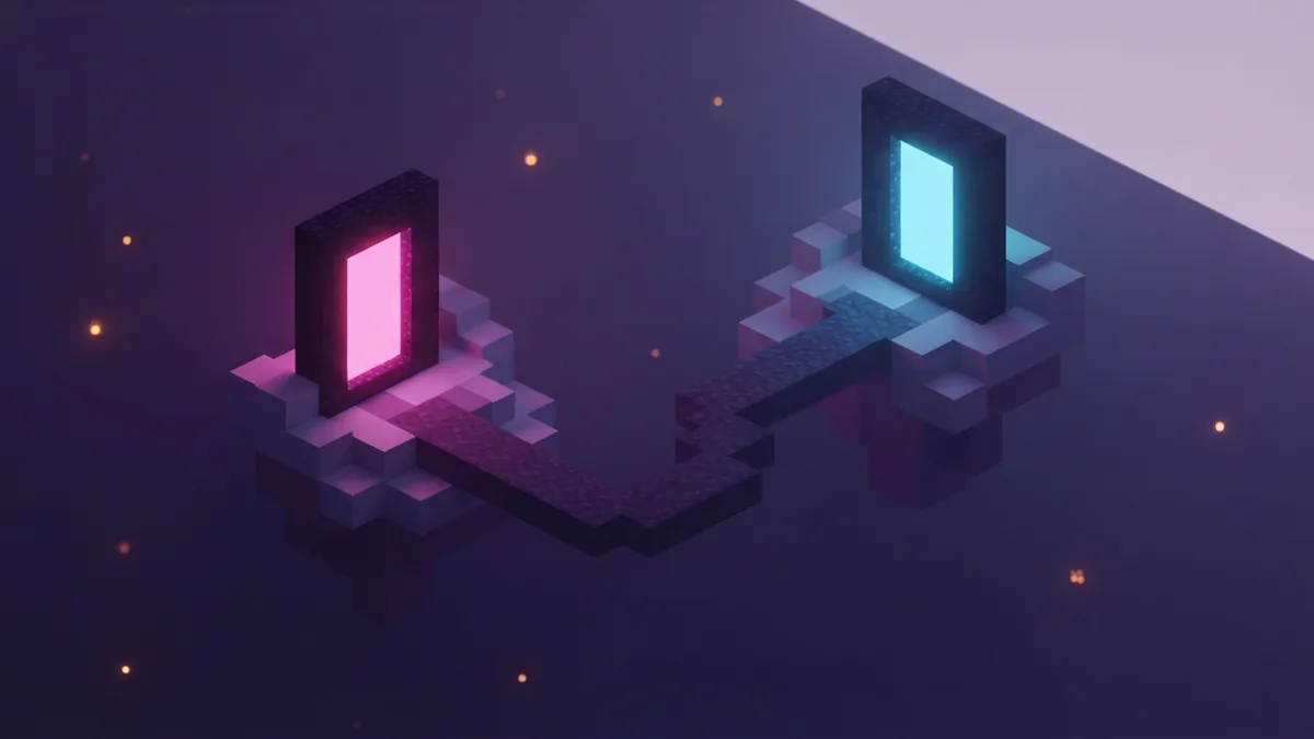 A route between two portal locations Two glowing voxel portals joined by a winding route through a violet dimension
