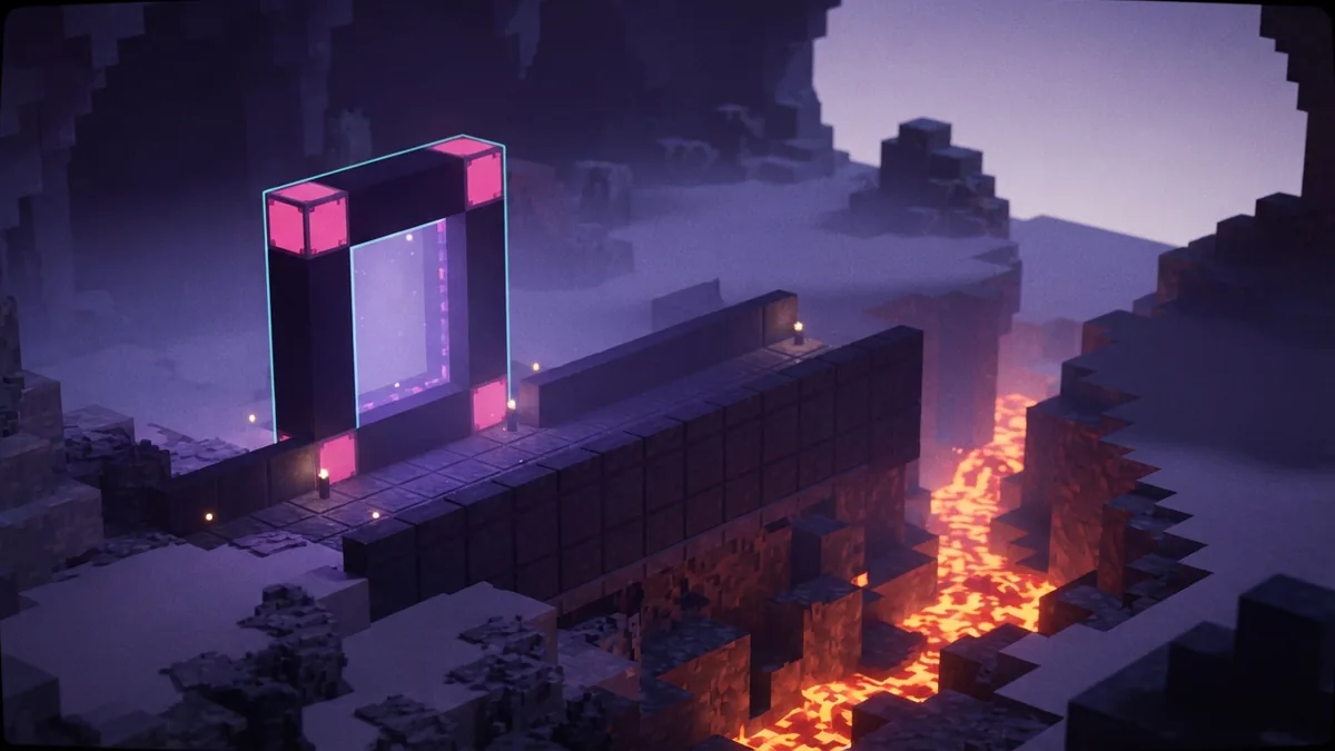 A protected voxel portal with a safe path beside a glowing chasm