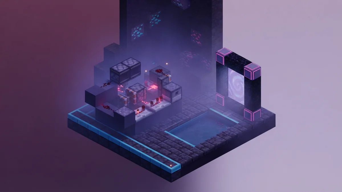 An advanced Redstone teleportation setup A compact voxel Redstone mechanism beside a water basin and glowing portal