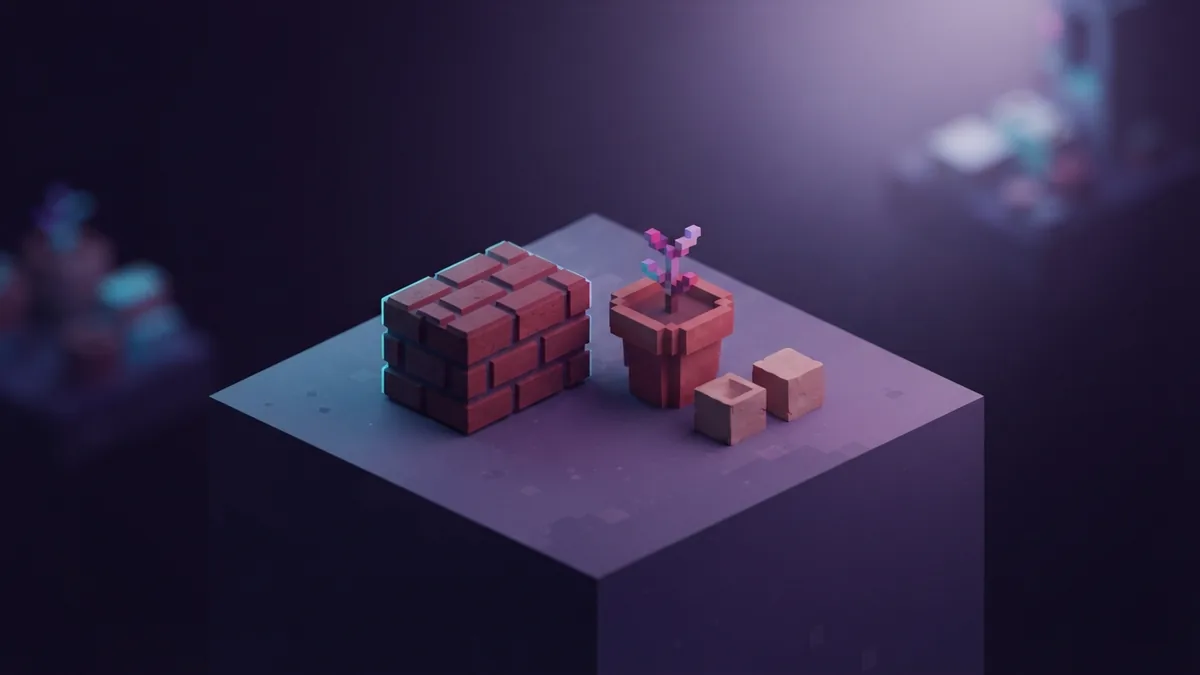 Voxel brick block and flower pot crafted from smelted clay bricks