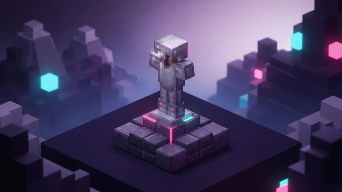 A full iron armor set displayed on a block stand in a violet-lit scene