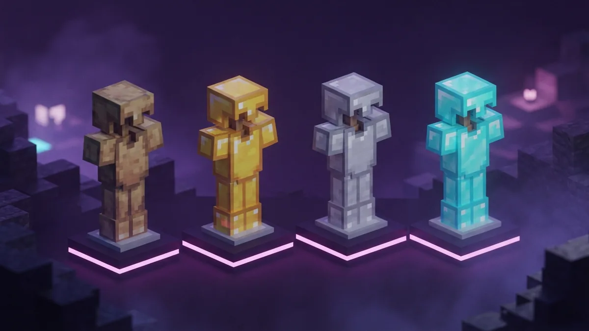 Armor types compared side by side Four blocky armor sets showing leather, gold, iron, and diamond materials