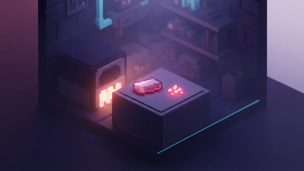 Crafting iron nuggets Voxel furnace beside an ingot and a small pile of iron nuggets