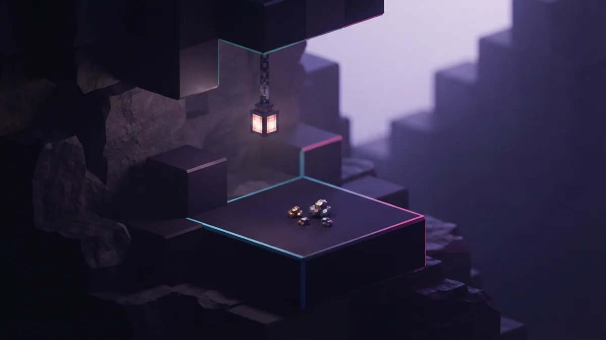 Lantern and chain recipes Block-style lantern and iron chain with small nuggets on a dark platform