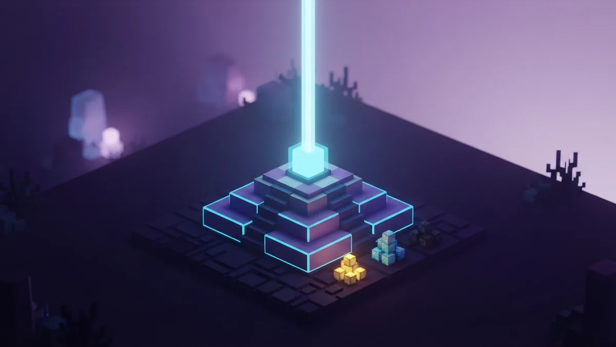 Minecraft-style beacon pyramid with mineral blocks and a bright skyward beam