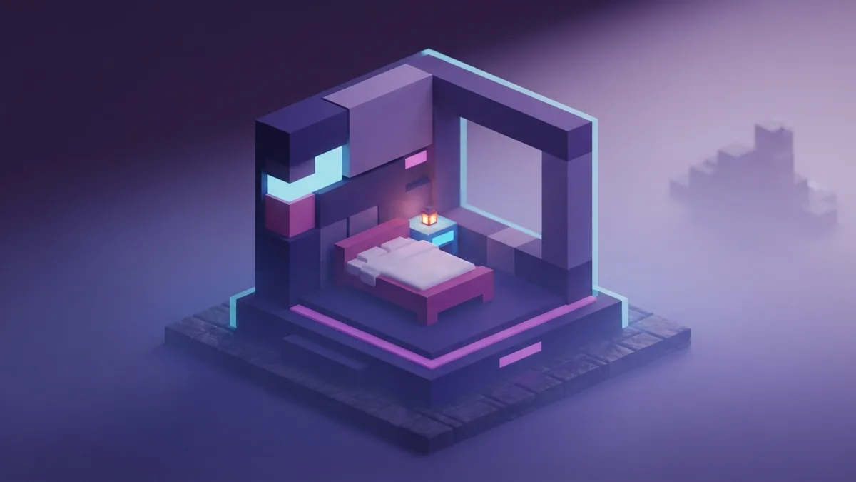 Compact voxel shelter with a bed ready for nighttime rest