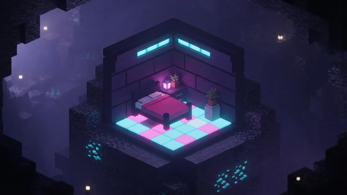 Cutaway voxel shelter showing a clear and well-lit bed area