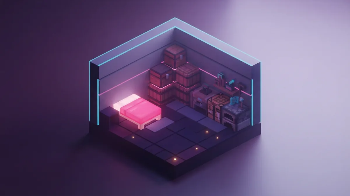 Organized voxel base with a bed beside useful survival supplies