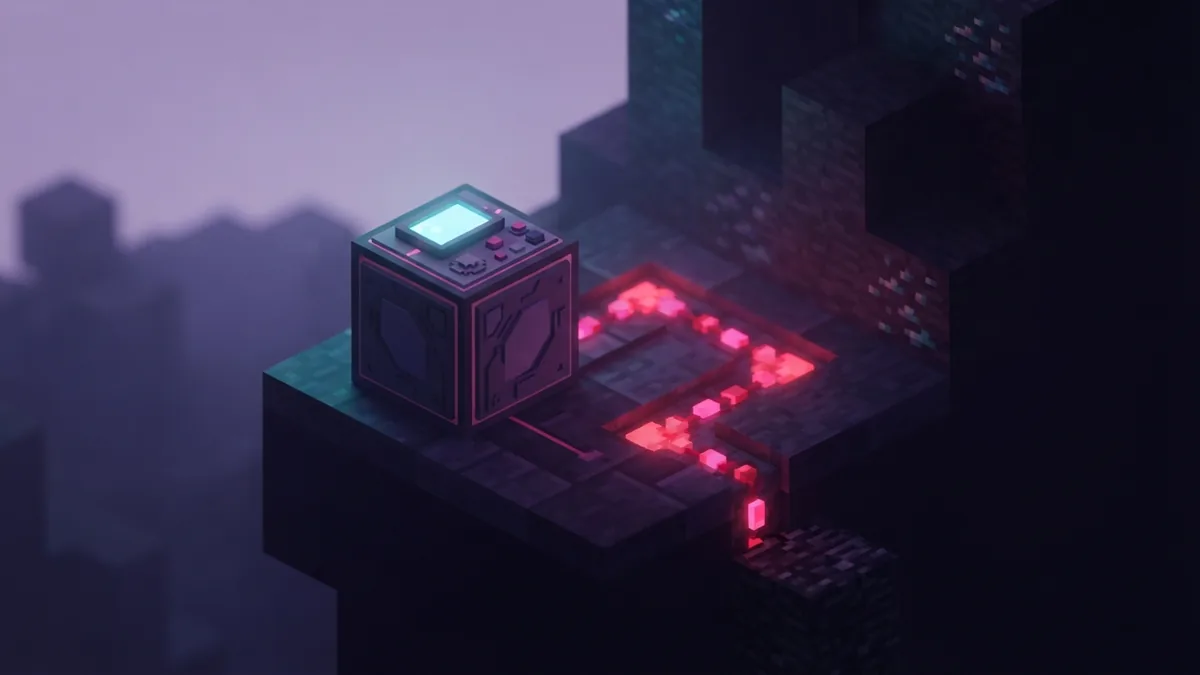 Voxel command block beside a glowing trigger path on a compact platform