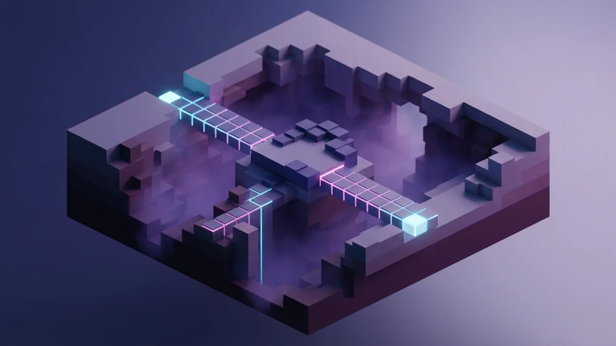 Coordinate paths in a voxel world Voxel terrain cutaway with three glowing paths around a raised platform
