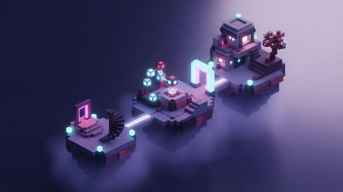 Three floating voxel islands connected by glowing portal-like arches