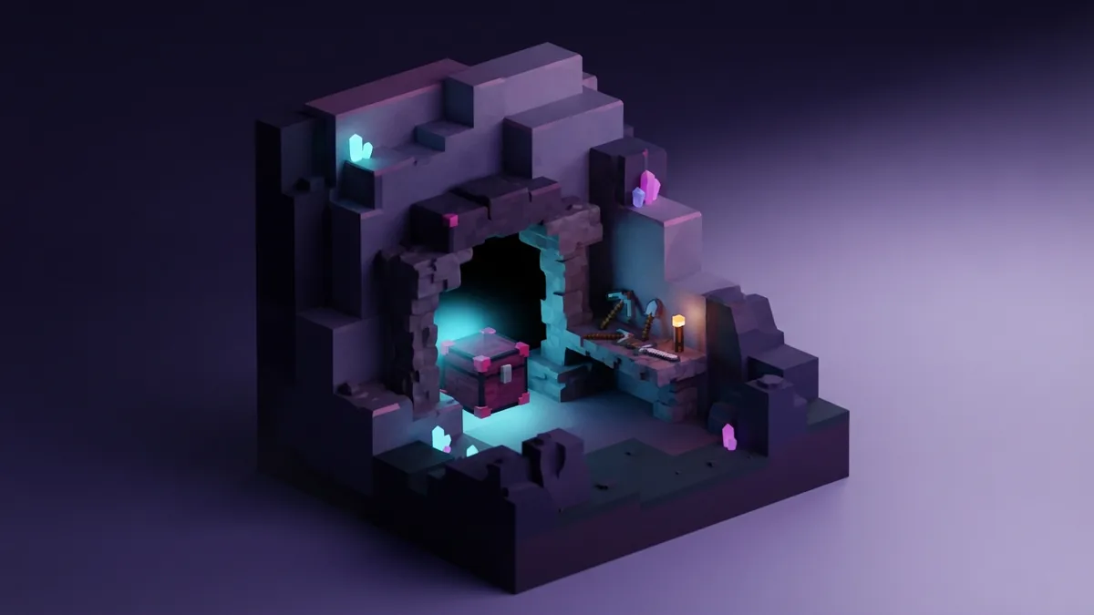 Block cave entrance with tools stored safely on a glowing stone shelf