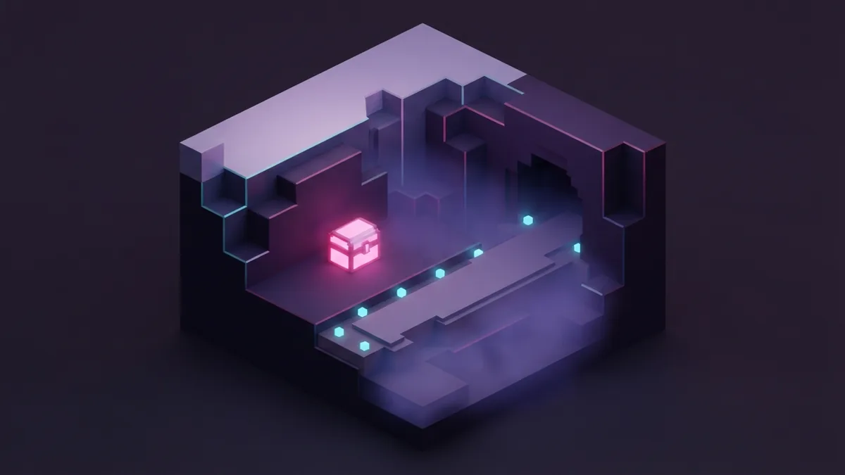 Isometric block world with a glowing chest beside a safe cave path