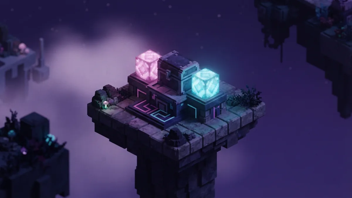 Glowing chest mechanism on a floating block platform in a violet night scene