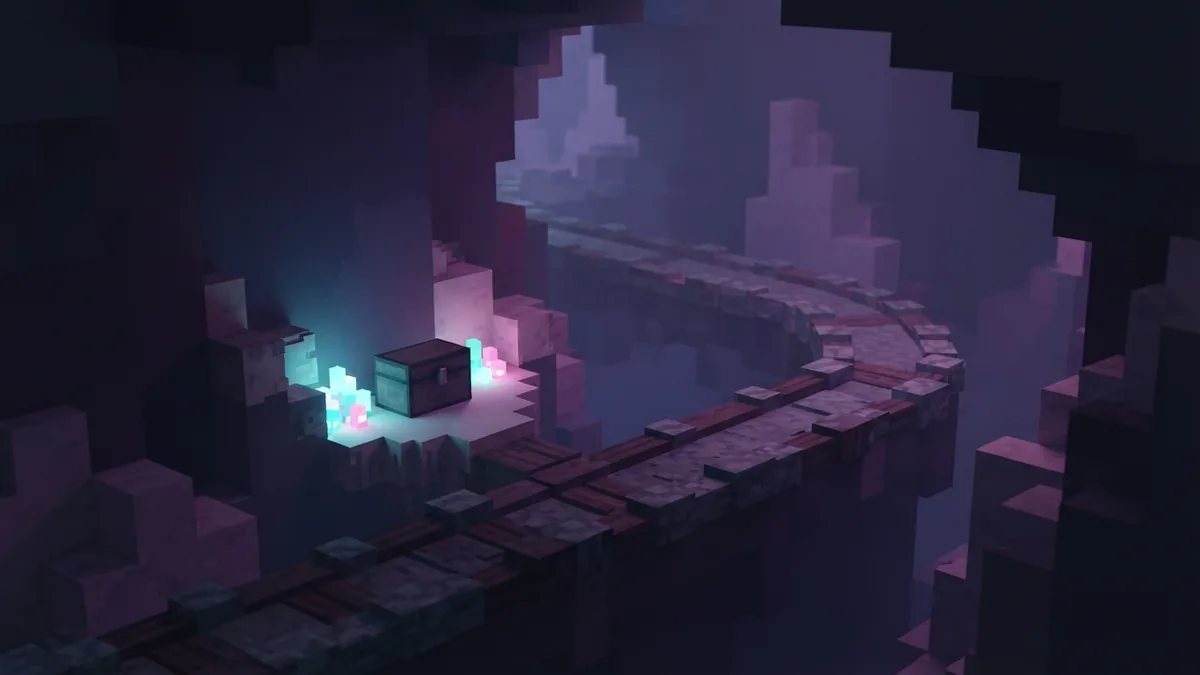 Check settings when commands fail Quiet block cave path beside a closed chest and glowing crystal blocks