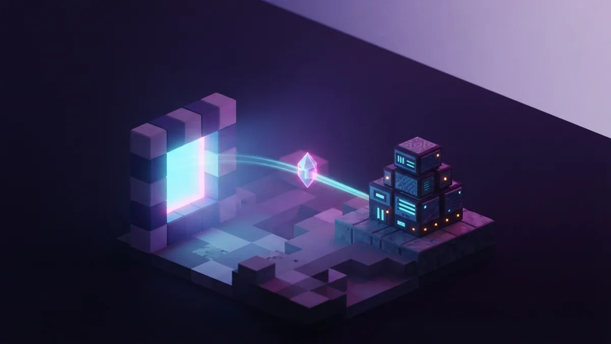 Voxel portal sending a new server file toward an isolated Minecraft server tower