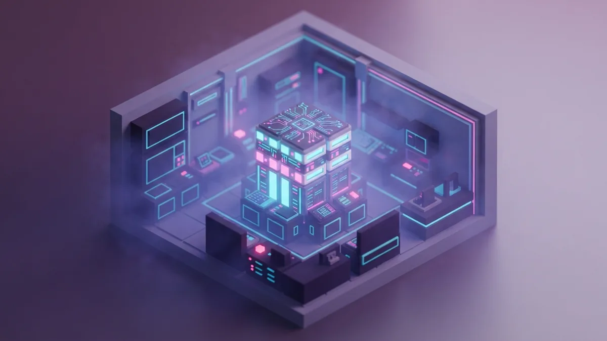 Modular voxel server workshop showing compatible components around a central game server
