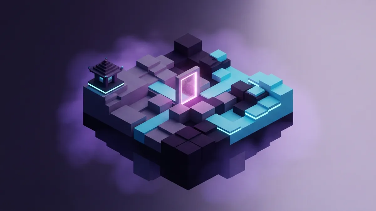 A split voxel island with a glowing gateway represents the choice between Minecraft editions