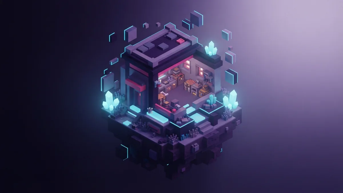 A glowing voxel workshop surrounded by custom block forms suggests Java play and player-made mods