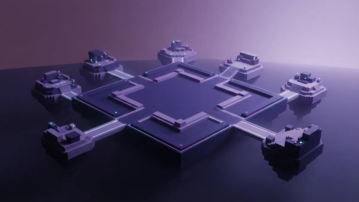 Connected block platforms in a calm night scene A connected voxel plaza and floating platforms evoke Bedrock play across supported devices