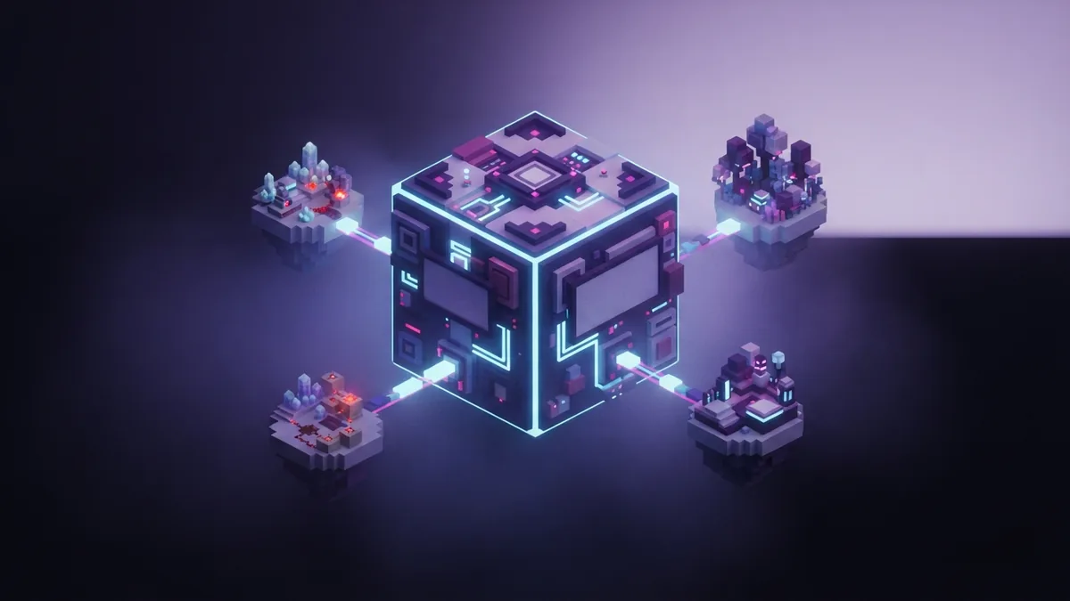 A central hub linked to floating worlds A glowing central voxel hub connects small floating islands to suggest private game servers