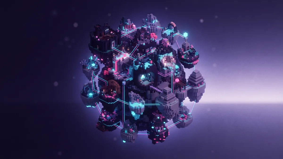 A quiet network of floating block islands Floating voxel islands connected by light suggest Minecraft’s worldwide player base
