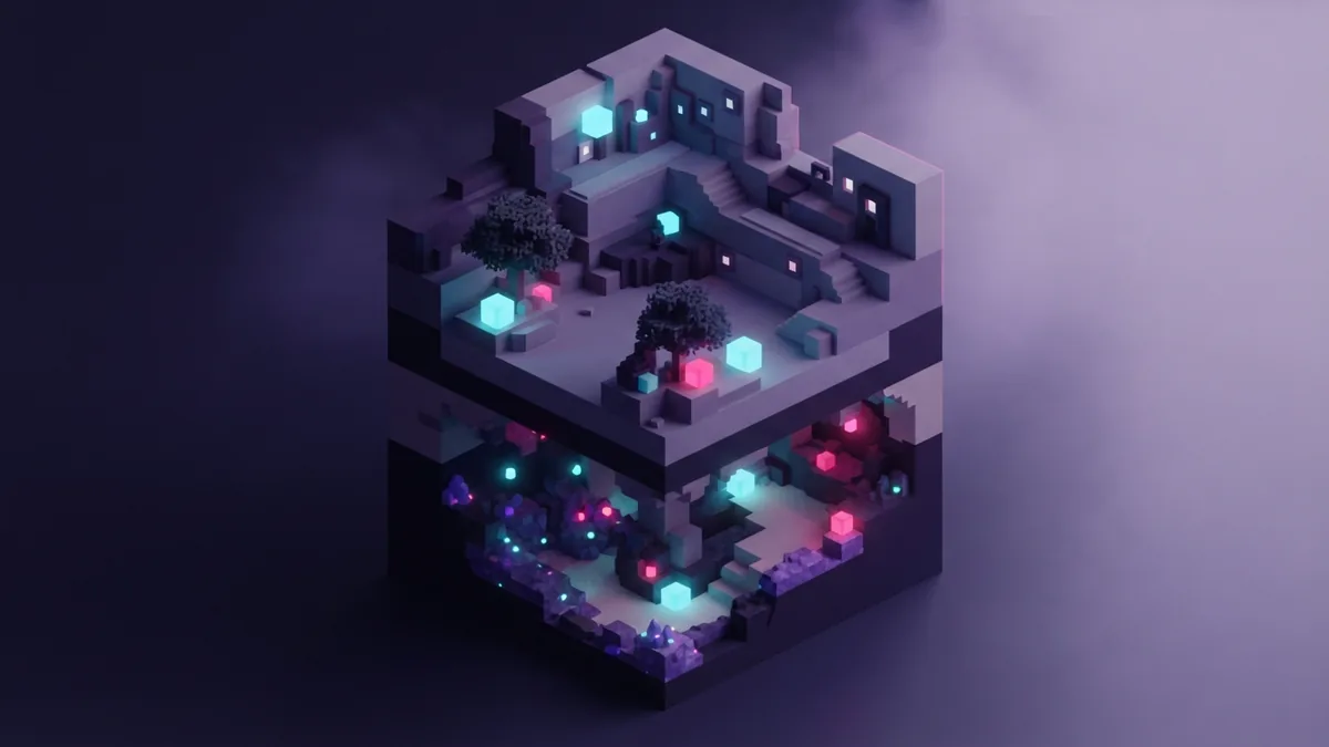 Layers within a block-built world Voxel terrain cutaway showing stacked layers and open space within a Minecraft-style world