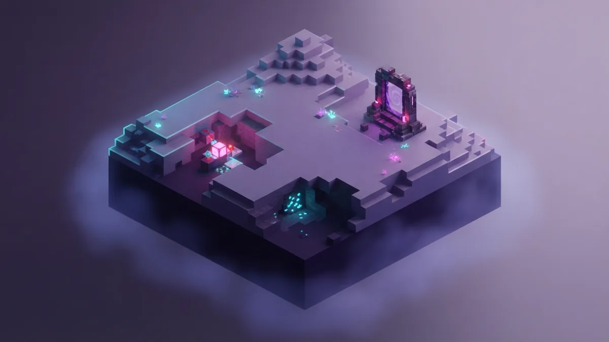A map-sized area of block terrain Floating square of voxel terrain illustrating the broad area covered by a map