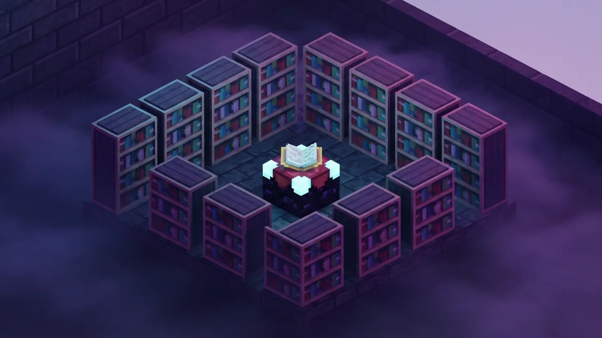 The 15-shelf enchanting layout Square enchanting setup showing fifteen shelves around a Minecraft enchanting table