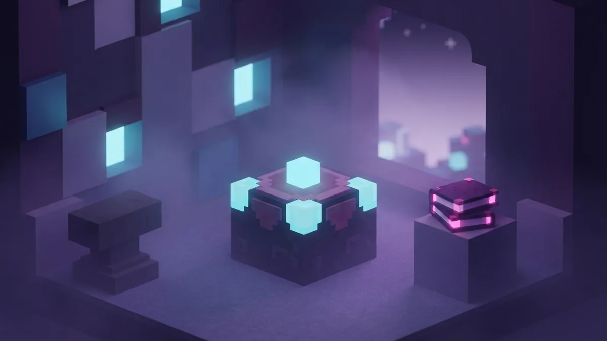 Enchanting table, enchanted books, and an anvil in a softly lit block-built room