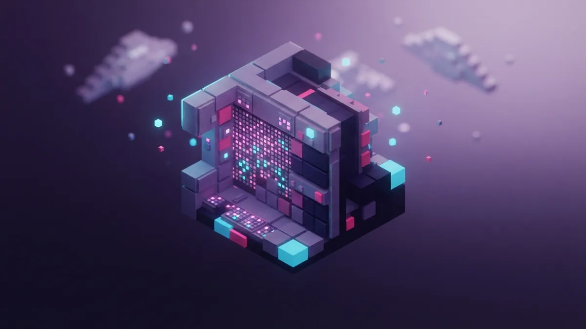 A close view of a block texture grid Isometric voxel cube showing a fine square texture grid in violet light
