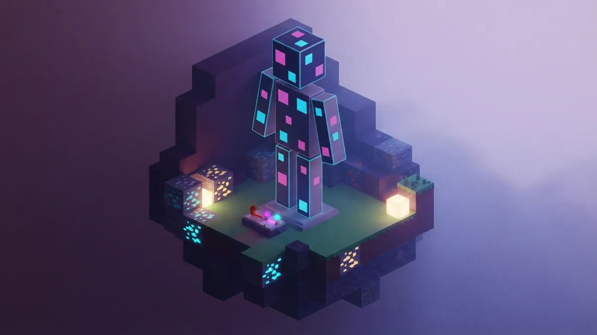 Abstract voxel mannequin made from colored square panels in soft violet light