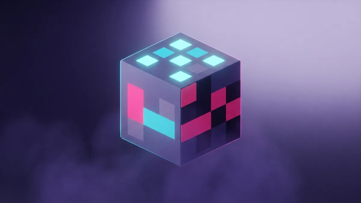 Floating voxel head cube with simple square color patches and cyan rim light