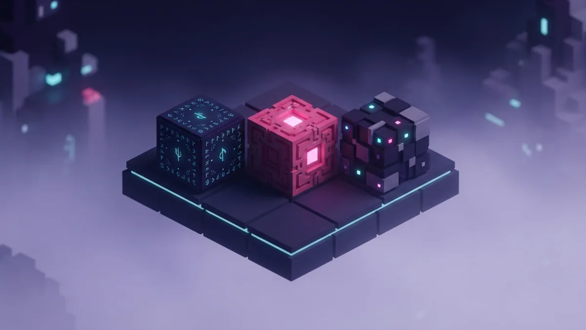 Different texture detail on voxel cubes Three voxel cubes with varied texture detail on a softly lit floating platform