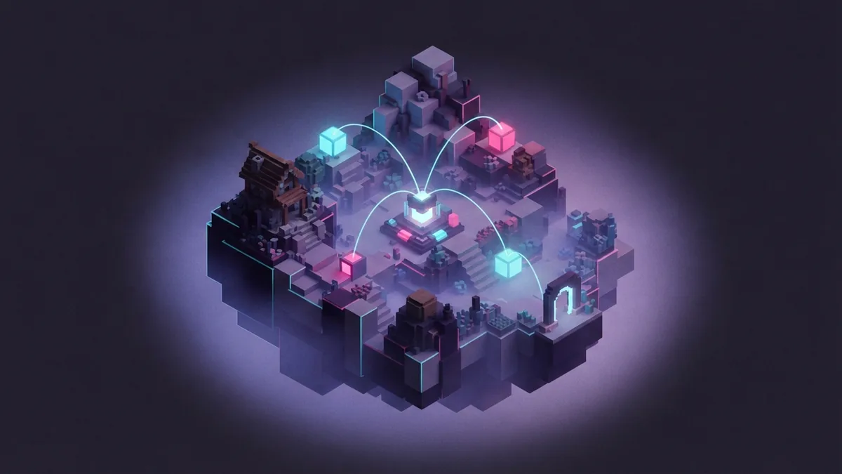 Voxel cubes showing steady game data flow Isometric voxel landscape with glowing cubes representing typical Minecraft data use per hour