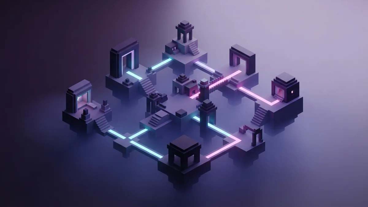 A quiet voxel network hub with glowing paths between block structures for tracking game data